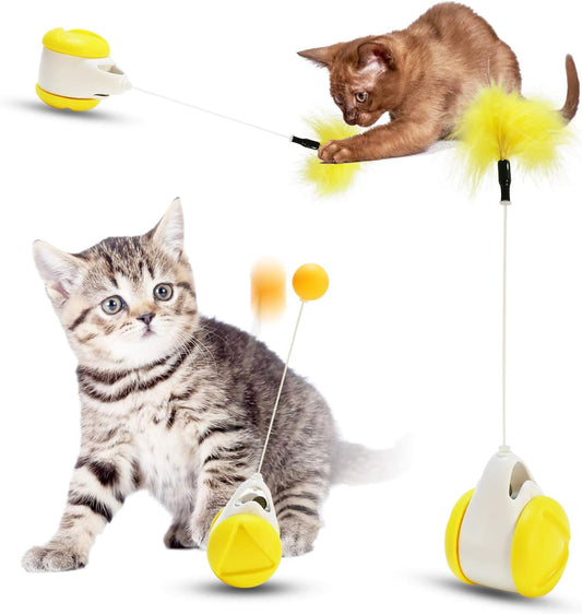 Exciting Interactive Roller Catnip Toy for Indoor Cats - Catnip Feather Ball Chaser (Yellow)